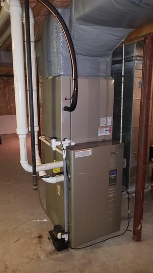 Carrier air handler  installed on a furnace in Georgetown, MA, Colonial home for central HVAC system. 