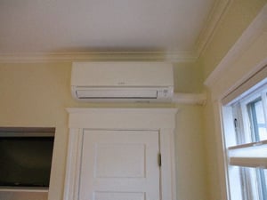 Wall unit for Mitsubishi ductless Hyper-Heating installation in Cambridge home.